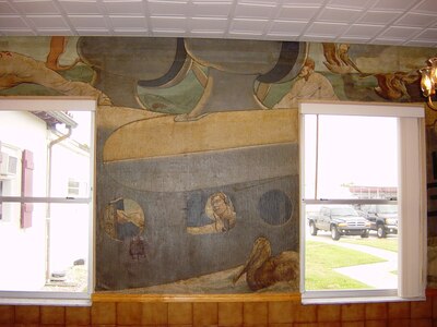 Air Station Clearwater, Florida (Formerly Air Station St. Petersburg) Wardroom mural inside the Officers' & CPO Mess.  This building was constructed in the 1937-38 time frame and the interior of the Officers' Mess was painted by a local artist, George Snow Hill, under the Works Progress Administration's Federal Art Program.  Each wall of the Mess depicted a historic event in Coast Guard history or one of the service's many missions conducted in the 1930s.  Photos & information courtesy of the Ancient Order of the Pterodactyls.