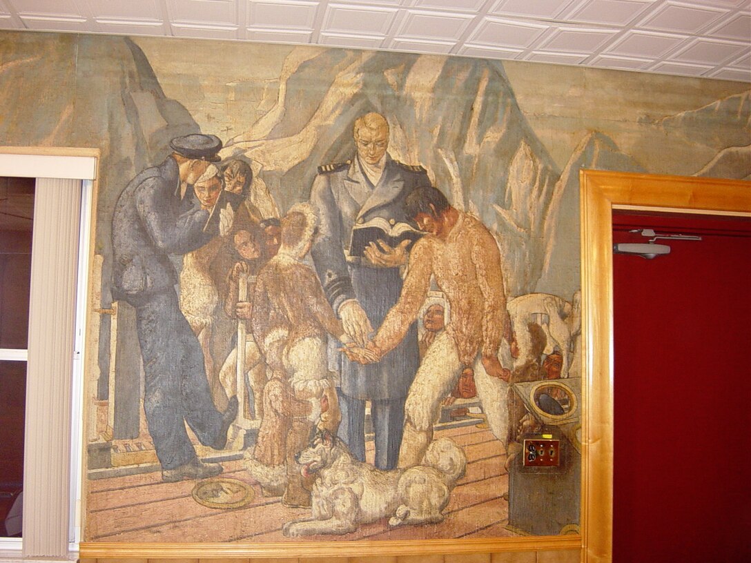 Air Station Clearwater, Florida (Formerly Air Station St. Petersburg) Wardroom mural inside the Officers' & CPO Mess.  This building was constructed in the 1937-38 time frame and the interior of the Officers' Mess was painted by a local artist, George Snow Hill, under the Works Progress Administration's Federal Art Program.  Each wall of the Mess depicted a historic event in Coast Guard history or one of the service's many missions conducted in the 1930s.  Photos & information courtesy of the Ancient Order of the Pterodactyls.