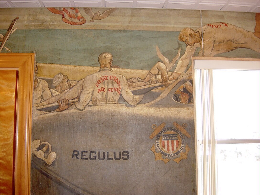 Air Station Clearwater, Florida (Formerly Air Station St. Petersburg) Wardroom mural inside the Officers' & CPO Mess.  This building was constructed in the 1937-38 time frame and the interior of the Officers' Mess was painted by a local artist, George Snow Hill, under the Works Progress Administration's Federal Art Program.  Each wall of the Mess depicted a historic event in Coast Guard history or one of the service's many missions conducted in the 1930s.  Photos & information courtesy of the Ancient Order of the Pterodactyls.