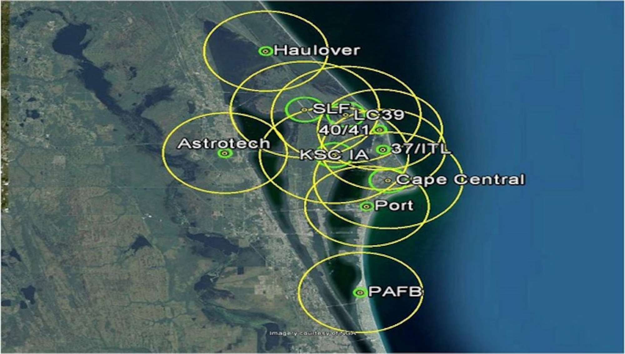 The depicted figure shows the 10 lightning warning areas issued by the 45th Weather Squadron. Phase 1 Lightning Watches and Phase 2 Lightning Warnings directly apply to the small (inner) green circles. The large (outer) yellow circles include a prudent safety buffer. (Screen capture image may not be to scale)