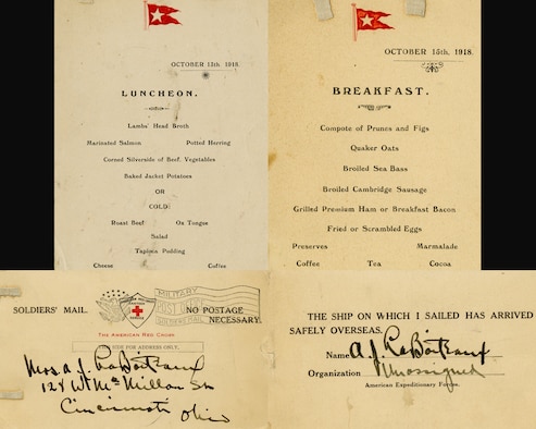 Lieutenant Andrew J. LaBoiteaux boarded the RMS Adriatic on October 6, 1918. During the 12-day crossing, LaBoiteaux took advantage of the meals offered, noting in his scrapbook, “Mess wasn’t so very bad going over.”  LaBoiteaux arrived in England on October 17, 1918, sending a quick postcard to his mother back home in Cincinnati, Ohio.