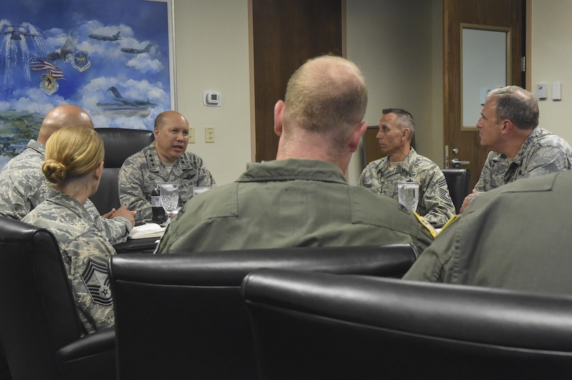 Lt. Gen. Giovanni Tuck, 18th Air Force commander, meets with 437th Airlift Wing leadership at the Joint Base Charleston headquarters building June 6, 2017. Tuck explained his expectations and goals for 18th AF. His visit to Charleston was one of a handful around the command allowing him to hear from Airmen about how their wings carry out operations at home and abroad.