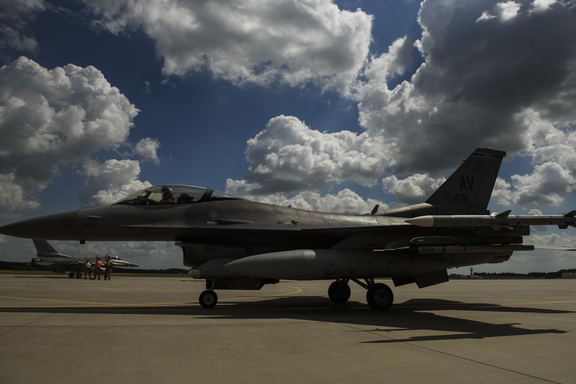 An F-16 Fighting Falcon, 510th Fighter Squadron, taxis after returning from a BALTOPS training mission at Krzesiny Air Base, Poland, June 8, 2017. BALTOPS is an annually recurring multinational exercise designed to enhance flexibility and interoperability, as well as demonstrate resolve of allied and partner forces to defend the Baltic region. Participating nations include Belgium, Denmark, Estonia, Finland, France, Germany, Latvia, Lithuania, the Netherlands, Norway, Poland, Sweden, the United Kingdom, and the United States. (U.S. Air Force photo by Staff Sgt. Jonathan Snyder)