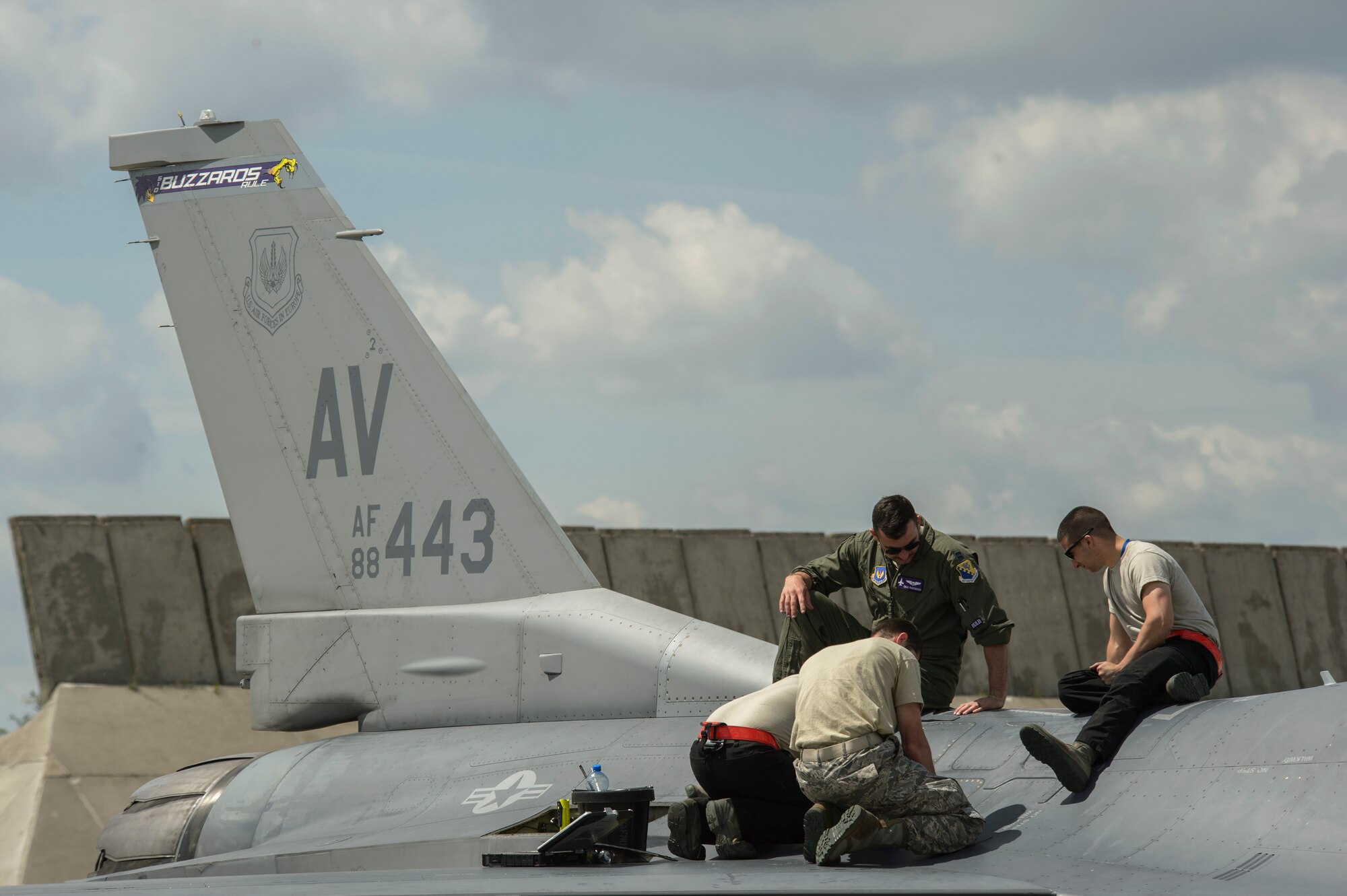 Airmen of the 31st Aircraft Maintenance Squadron work on an F-16 Fighting Falcon, 510th Fighter Squadron, while a pilot observes at Krzesiny Air Base, Poland, June 8, 2017. The BALTOPS exercise is designed to enhance flexibility and interoperability, to strengthen combined response capabilities, as well as demonstrate resolve among Allied and Partner Nations' forces to ensure stability in, and if
necessary defend, the Baltic Sea region. (U.S. Air Force photo by Staff Sgt. Jonathan Snyder)