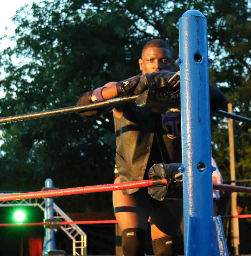 U.S. Army Reserve Sgt. Trenty Watford, a microwave communications specialist with the 4th Sustainment Command (Expeditionary), as ‘T-Ray,’ prepares for a professional wrestling match in San Antonio, Texas, on Jun. 3, 2017.  The U.S Army Reserve is full of citizen-soldiers who balance a civilian job with their service in the military.  This balance can be a challenge, but these warrior-citizens persevere, keeping the U.S. Army Reserve a capable, combat-ready and lethal force.  (U.S. Army Reserve Photo by Maj. Brandon R. Mace)