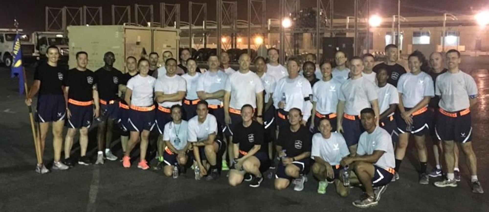 Deployed 39th Aerial Port Squadron Airmen continued the tradition of the Port Dawg Memorial Run in Al Udeid Air Base, Qatar May 19, 2017. More than 40 Airmen turned out for the nighttime 5K run. (Courtesy photo)