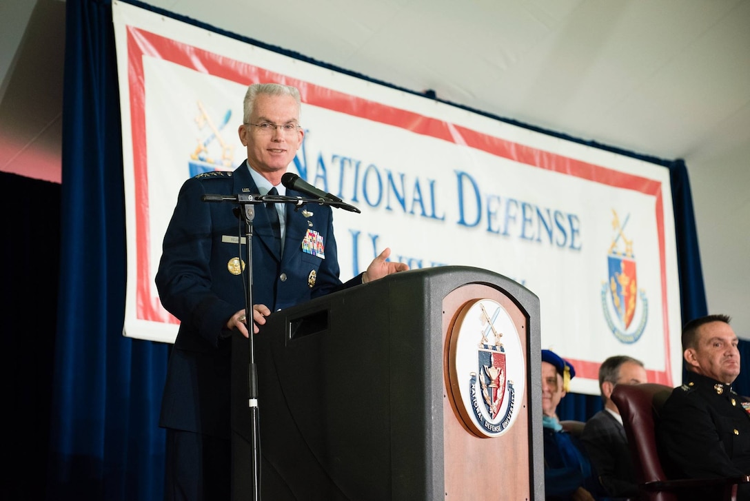 Air Force Gen. Paul J. Selva, the vice chairman of the Joint Chiefs of Staff, addresses the 672 graduates at the National Defense University, Fort Lesley J. McNair, Washington, D.C., June 8, 2017. He described the outgoing students as critical thinkers and challenged them to be relentless in their assessment of the world as it is and how they can work to shape the world and defend freedom and liberty. DoD photo.