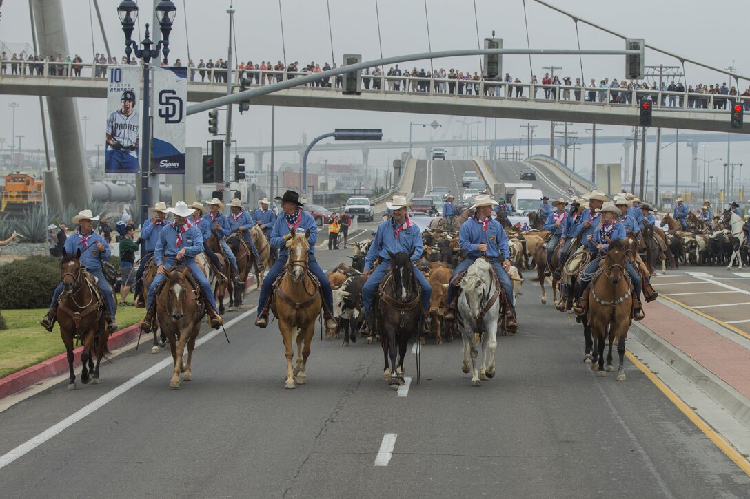 U.S. Marine Corps Brig. Gen. Kevin J. Killea, Marine Corps Installations West, Marine Corps Base, Camp Pendleton, and members of the San Diego County fair participate in a cattle drive at the Gas Lamp District in San Diego, Calif., June 3, 2017. The San Diego County Fair hosted the drive as a part of the gas lamp district's 150th anniversary and to promote the county fair that opened June 2. (U.S. Marine Corps photo by Lance Cpl. Brooke Woods)