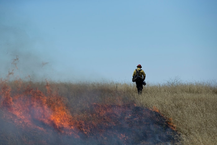 Over 200 firefighters with the U.S. Forest Service, Orange County Fire Authority, Cal Fire, and local San Diego County agencies gathered on Camp Pendleton, Calif. to participate in wildfire firefighting methods training,  June 5, 2017. This training is conducted to further enhance their abilities to effectively and efficiently combat wildfires. Significant wildland fires throughout San Diego County in October of 2007 lead officials to seek a partnership between military and civilian aviation and firefighting assets to better manage crisis aboard regional military installations and in the surrounding communities. Since then, Camp Pendleton security and safety agencies, and local departments have been working together to streamline response and integrated communication efforts to provide ready, trained and certified military and civilian resources to combat wildland fires in the region, culminating with a cooperative effort to extinguish wildland fires. (U.S. Marine Corps photo by Lance Cpl. Michael LaFontaine)