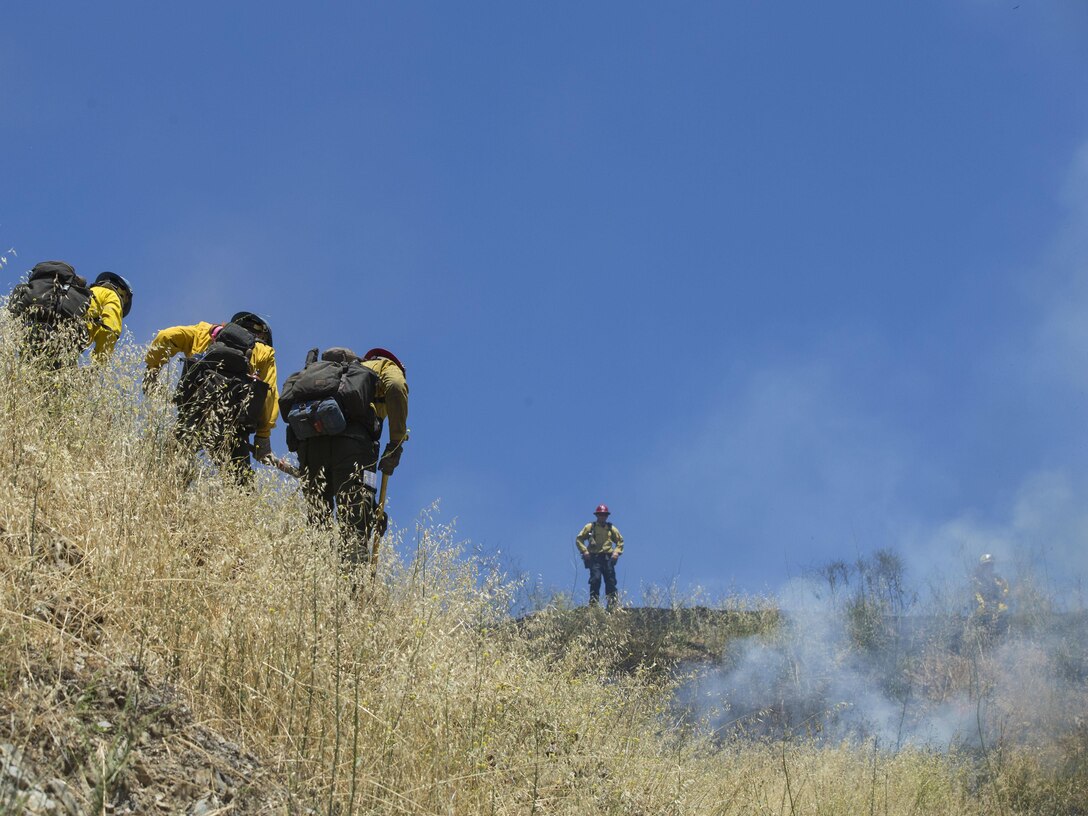 Over 200 firefighters from the U.S. Forest Service, Orange County Fire Authority, Cal Fire, and local San Diego County agencies gathered on Camp Pendleton, Calif. to participate in wildfire firefighting methods training, June 5, 2017. This training is conducted to further enhance their abilities to effectively and efficiently combat wildfires. Significant wildland fires throughout San Diego County in October of 2007 lead officials to seek a partnership between military and civilian aviation and firefighting assets to better manage crisis aboard regional military installations and in the surrounding communities. Since then, Camp Pendleton security and safety agencies, and local departments have been working together to streamline response and integrated communication efforts to provide ready, trained and certified military and civilian resources to combat wildland fires in the region, culminating with a cooperative effort to extinguish wildland fires.(U.S. Marine Corps photo by Lance Cpl. Michael LaFontaine)