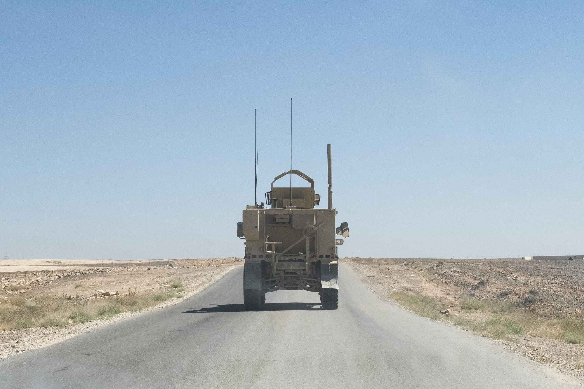 Airmen from the 332nd Expeditionary Security Force Squadron drive a mine-resistant ambush protected all-terrain vehicle May 26, 2017, in Southwest Asia. The M-ATV’s ability to traverse a variety of terrain allows security forces greater flexibility when responding to emergencies. (U.S. Air Force photo/Senior Airman Damon Kasberg)   