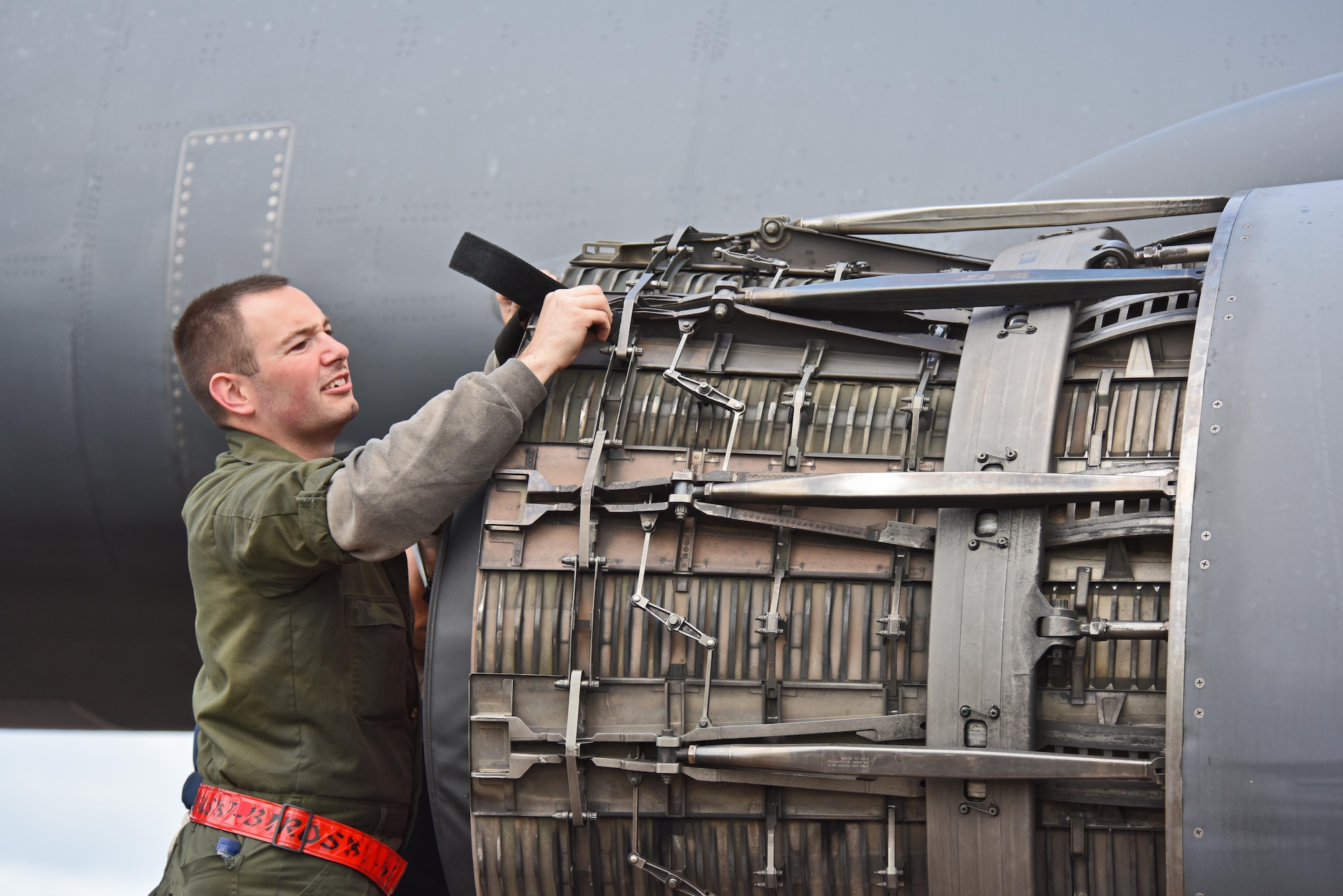 U.S. Air Force Airman 1st Class Jacob Feeback, 28th Aircraft Maintenance Squadron crew chief, Ellsworth Air Force Base, S.D., performs maintenance on a B-1B Lancer at Royal Air Force Fairford, U.K., June 7, 2017. Bomber missions in the European theatre enable crews to maintain a high state of readiness and proficiency, and validate the Air Force’s always-ready global strike capability. (U.S. Air Force photo by Tech. Sgt. Miguel Lara III)