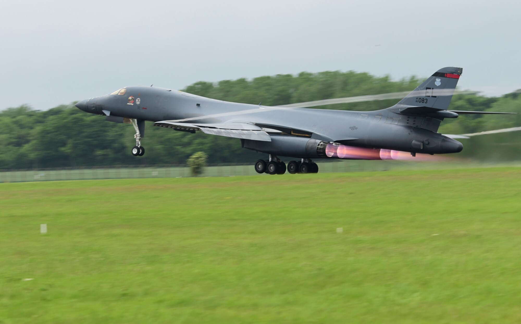 A B-1B Lancer assigned to Ellsworth Air Force Base, S.D., departs the runway at Royal Air Force Fairford, U.K., June 8, 2017. The bomber is forward deployed in support of exercises BALTOPS and Saber Strike to conduct bomber and assurance missions. (U.S. Air Force photo by Tech. Sgt. Miguel Lara III)