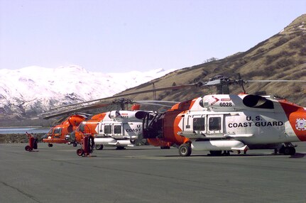 Air Station Kodiak, Alaska
Original photo caption: "Two Coast Guard HH-60J helicopters and one HH-65A helicopter sit on the tarmac of Air Station Kodiak awaiting the next call for help."; photo dated 26 April 2000; Photo No. 000426-K-7325L-503 (FR); photo by PAC Tod A. Lyons, USCG."; photo is dated as having been received by the Superintendent of Construction and Repair on 16 September 1916.  No photo number; photographer unknown.
