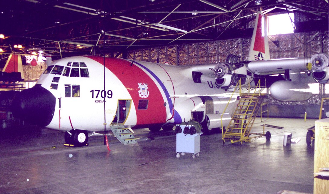 Air Station Kodiak, Alaska
Original photo caption: "A C-130 sits in the hangar awaiting parts to make it ready for its next mission.  C130s are the workhorse of long range Coast Guard search and rescue operations."; photo dated 28 January 2000; Photo No. 000128-K-7325L-512 (FR); photo by PAC Tod Lyons, USCG.


