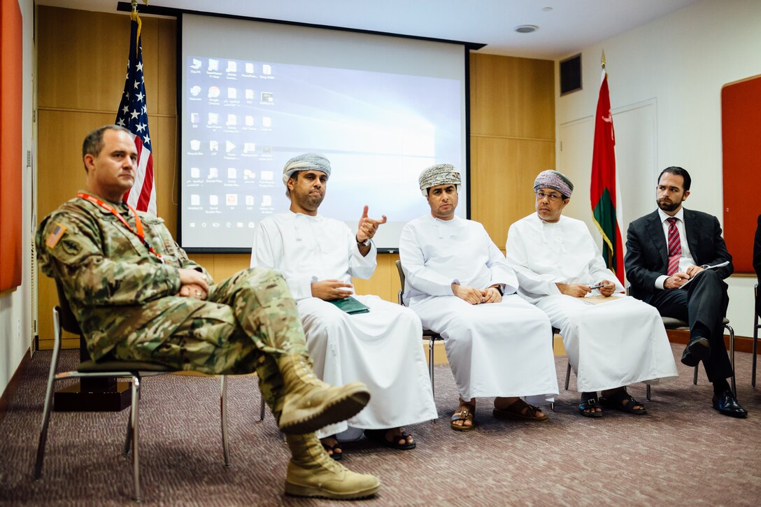Army Col. Erik Larson, defense attaché at the U.S. embassy in Oman, joins officials from the Oman Ministry of Defense and the Port of Duqm to answer questions at a May 14-15 workshop for Omani company representatives.