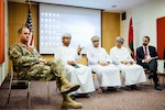 Army Col. Erik Larson, defense attaché at the U.S. embassy in Oman, joins officials from the Oman Ministry of Defense and the Port of Duqm to answer questions at a May 14-15 workshop for Omani company representatives.