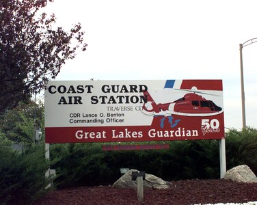 Air Station Traverse City, Michigan
Original photo caption: "The sign outside the gate at Coast Guard Air Station Traverse City, Michigan."; photo dated 17 September 2001; photo number 010917-C-2377C-502 (FR); photo by PA1 Harry C. Craft, III, USCG.