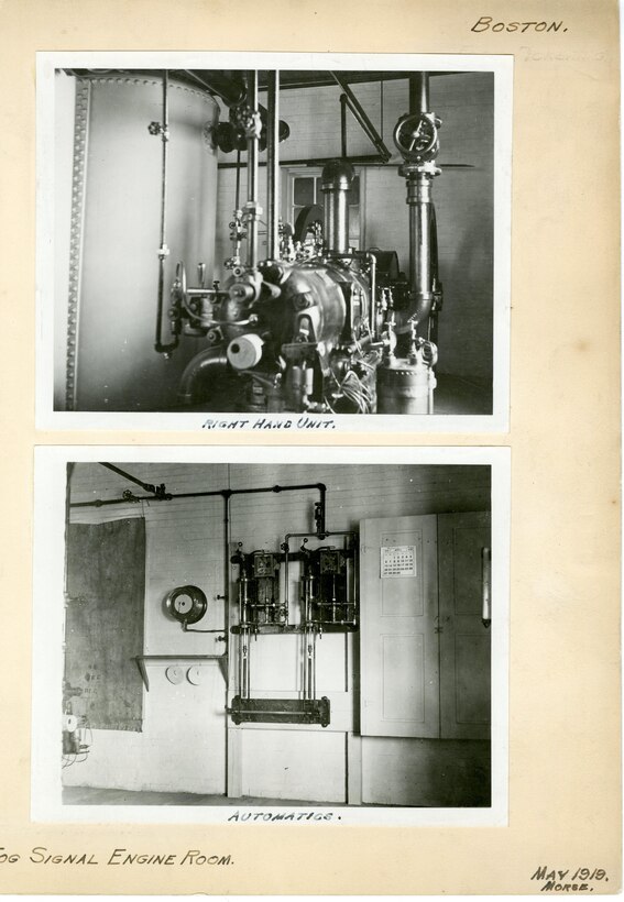 Light Station Boston, Massachusetts
Original caption reads: "Fog Signal Engine Room; Right Hand Unit [top photo]; 
 Automatics [bottom photo]."; dated May, 1919; no photo number; photographer "Morse."