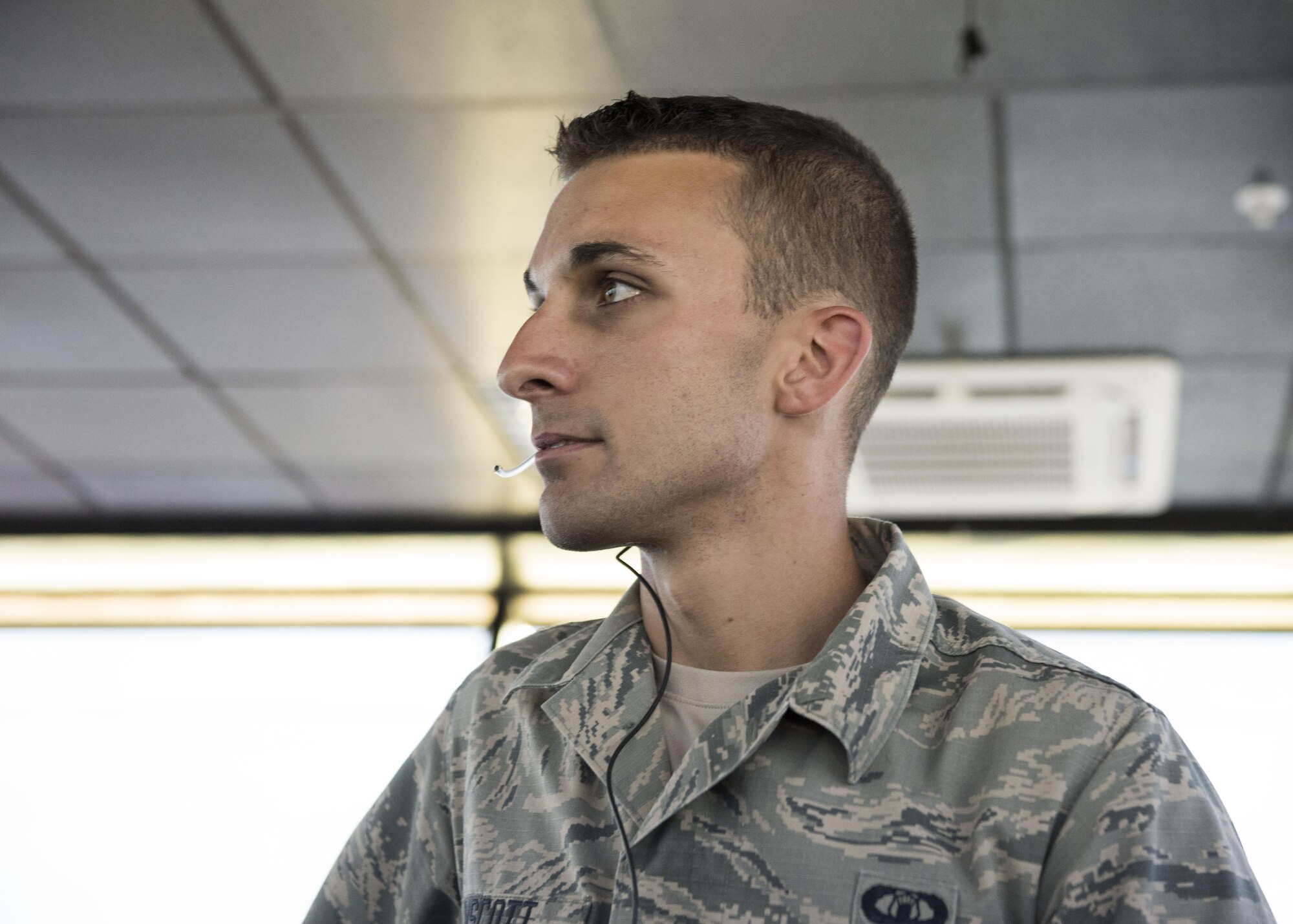 Senior Airman Jacob Winscott, 39th Operations Support Squadron air traffic controller, scans the horizon for incoming aircraft June 6, 2017, at Incirlik Air Base, Turkey. The 39th OSS airfield operations flight was recently awarded the U.S. Air Forces in Europe Airfield Complex of the Year award for 2016. (U.S. Air Force photo by Airman 1st Class Kristan Campbell)