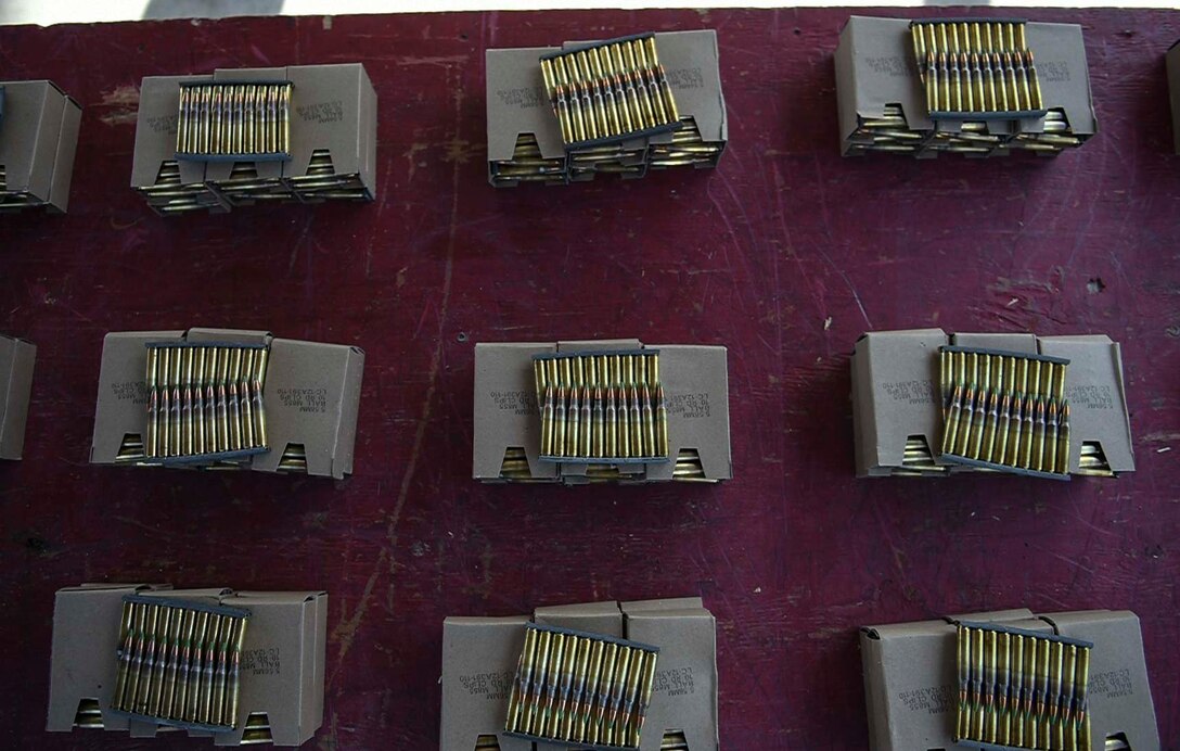 Rounds of 7.62mm ammunition are grouped together for each student during Marine Special Operations School’s Individual Training Course weapons training, April 10, 2017, at Camp Lejeune, N.C. For the first time, U.S. Air Force Special Tactics Airmen spent three months in Marine Special Operations Command’s Marine Raider training pipeline, representing efforts to build joint mindsets across special operations forces.  (U.S. Air Force photo by Senior Airman Ryan Conroy)