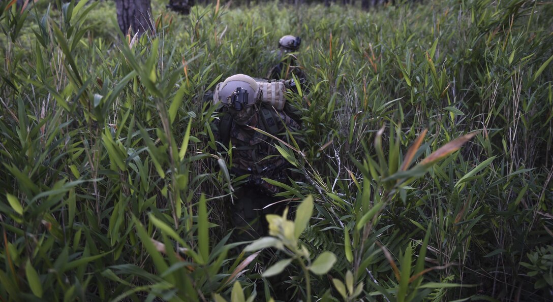 Marine Special Operations School Individual Training Course students ruck through thick vegetation during Field Training Exercise Raider Spirit, May 1, 2017, at Camp Lejeune, N.C. For the first time, U.S. Air Force Special Tactics Airmen spent three months in Marine Special Operations Command’s Marine Raider training pipeline, representing efforts to build joint mindsets across special operations forces.  (U.S. Air Force photo by Senior Airman Ryan Conroy)