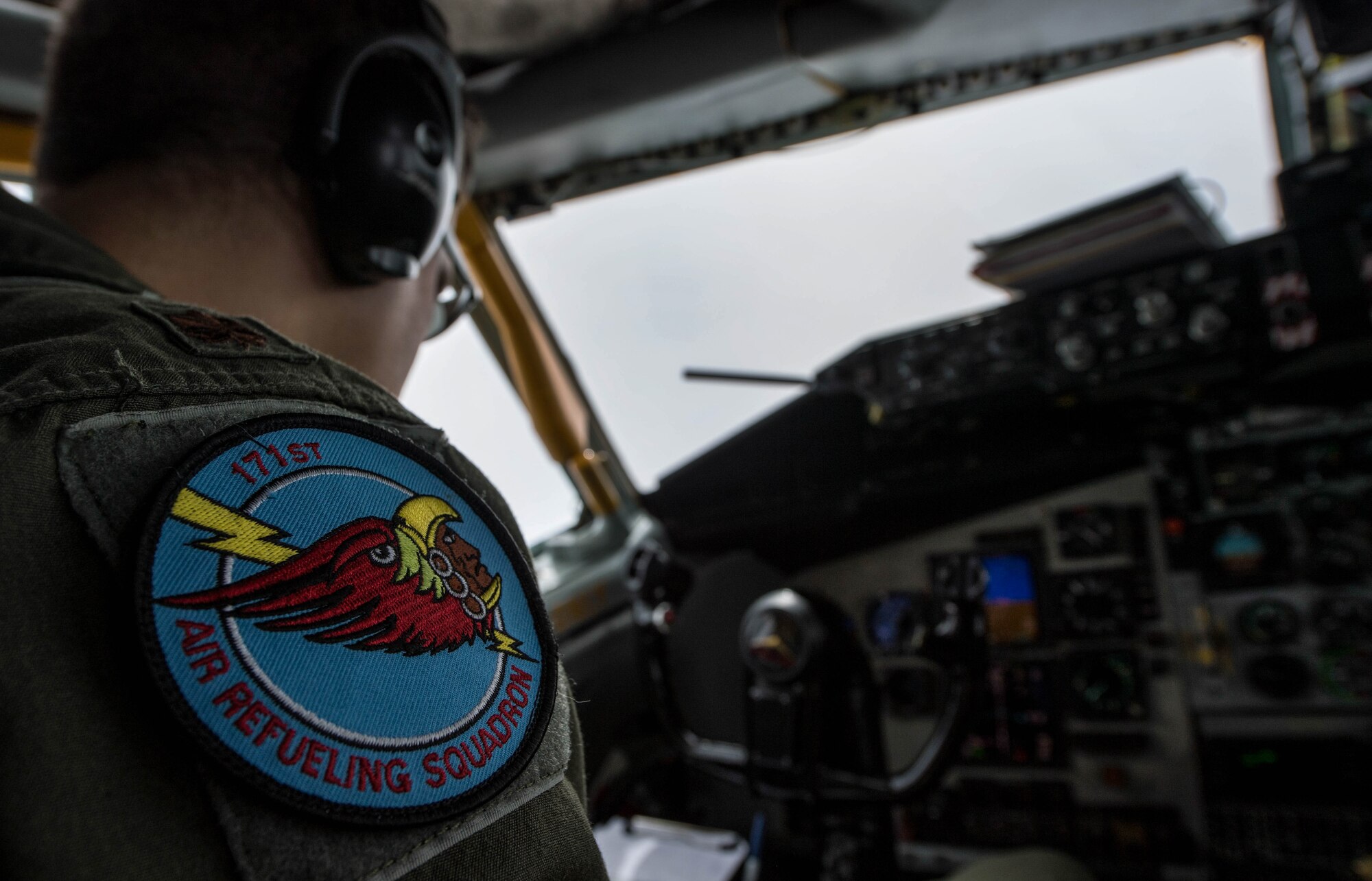 U.S. Air National Guard Maj. Russ Miller, 171st Air Refueling Squadron pilot, looks over a checklist during a refueling mission during exercise Saber Strike 17 above Riga, Latvia, June 8, 2017. During the flight, the 171st ARS Airmen refueled a U.S. Air Force Global Strike Command B-1B Lancer. Saber Strike 17 promotes regional stability and security, while strengthening partner capabilities and fostering trust. (U.S. Air Force photo by Senior Airman Tryphena Mayhugh)