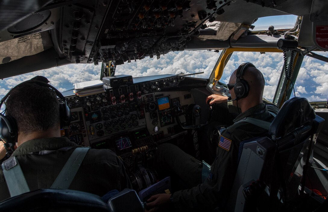 U.S. Air National Guard 1st Lt. Alex Begue, 171st Air Refueling Squadron pilot, flies a KC-135 Stratotanker during exercise Saber Strike 17 above Riga, Latvia, June 8, 2017. The 171st ARS Airmen flew from the Selfridge Air National Guard base, Mich., to participate in the exercise. Saber Strike 17 promotes regional stability and security, while strengthening partner capabilities and fostering trust. (U.S. Air Force photo by Senior Airman Tryphena Mayhugh)