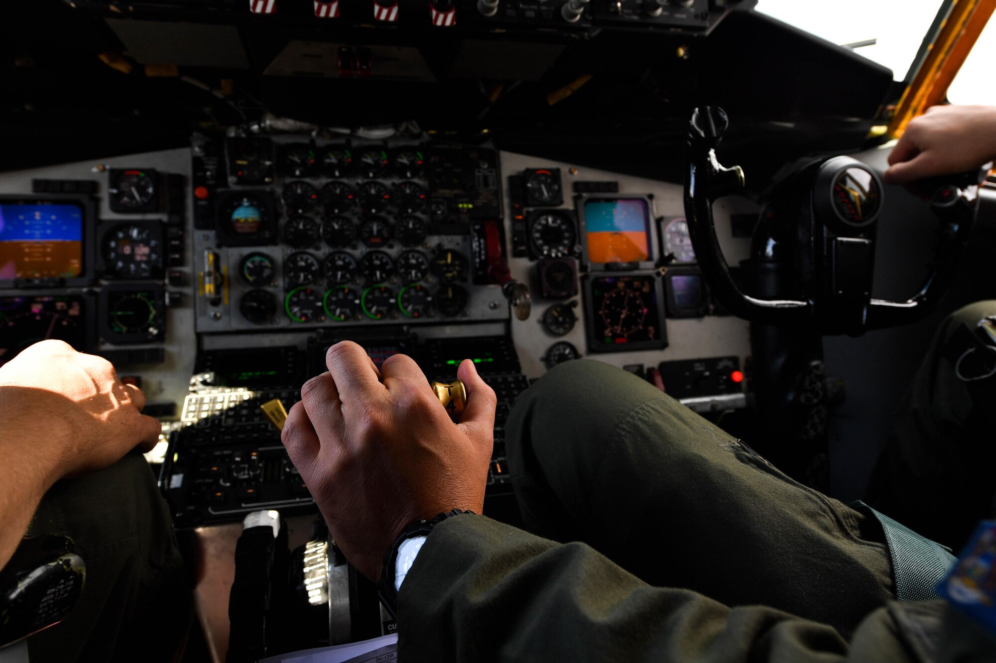 U.S. Air National Guard 1st Lt. Alex Begue, 171st Air Refueling Squadron pilot, flies a KC-135 Stratotanker during exercise Saber Strike 17 above Riga, Latvia, June 8, 2017. The crew off-loaded almost 50,000 pounds of fuel into a U.S. Air Force Global Strike Command B-1B Lancer during the flight. Saber Strike 17 promotes regional stability and security, while strengthening partner capabilities and fostering trust. (U.S. Air Force photo by Senior Airman Tryphena Mayhugh)