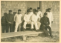 Crew, Station Quonocontaug, Rhode Island, 1911
Coast Guard Station #57
This station was built in 1891-1892 on a site "west twelve and three-quarter miles of Point Judith Light; east eight miles of Watch Hill Light." It was extensively repaired in 1920. The station was listed as inactive in 1938 and disappeared from the records in 1939.