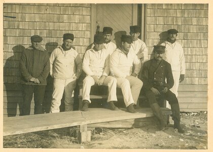 Crew, Station Quonocontaug, Rhode Island, 1911
Coast Guard Station #57
This station was built in 1891-1892 on a site "west twelve and three-quarter miles of Point Judith Light; east eight miles of Watch Hill Light." It was extensively repaired in 1920. The station was listed as inactive in 1938 and disappeared from the records in 1939.