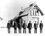 Station Pea Island, North Carolina
USLSS Station #17, Sixth District
 Coast Guard Station #177
Captain Richard Etheridge and his Pea Island Life-Saving Station crew in 1896.  Etheridge was the first African-American keeper of a U.S. Life-Saving Station and he commanded the only all African-American crew in the U.S.   Etheridge is on the far left.
No official caption/photo number/date; probably 1896. 


