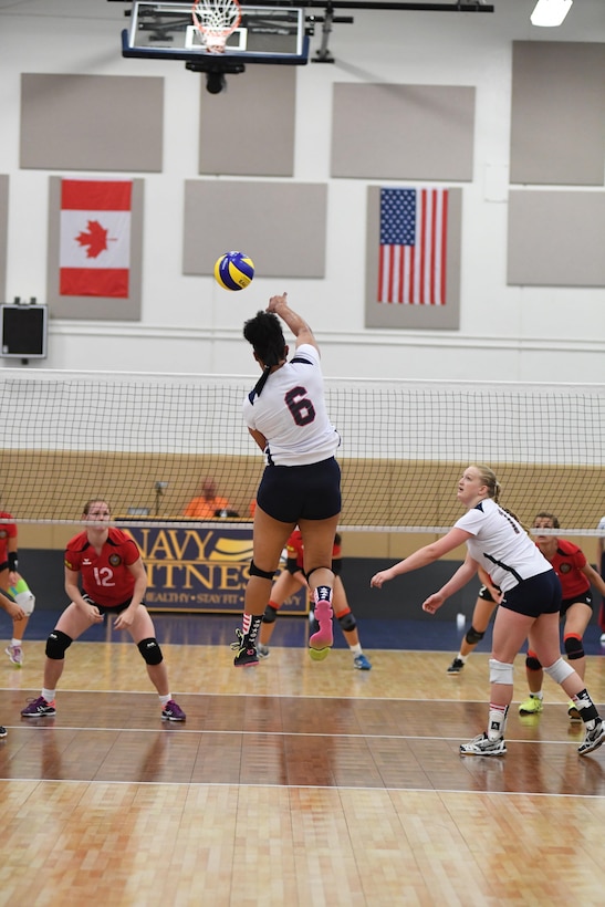 Army Sgt. Latoya Marshall of Wilmington, N.C. scores as USA defeats Germany in Match 6 of the 18th Conseil International du Sport Militaire (CISM) World Women's Military Volleyball Championship on 6 June 2017 at Naval Station Mayport, Florida. (Photo by Petty Officer 2nd Class Timothy Schumaker, NPASE East).