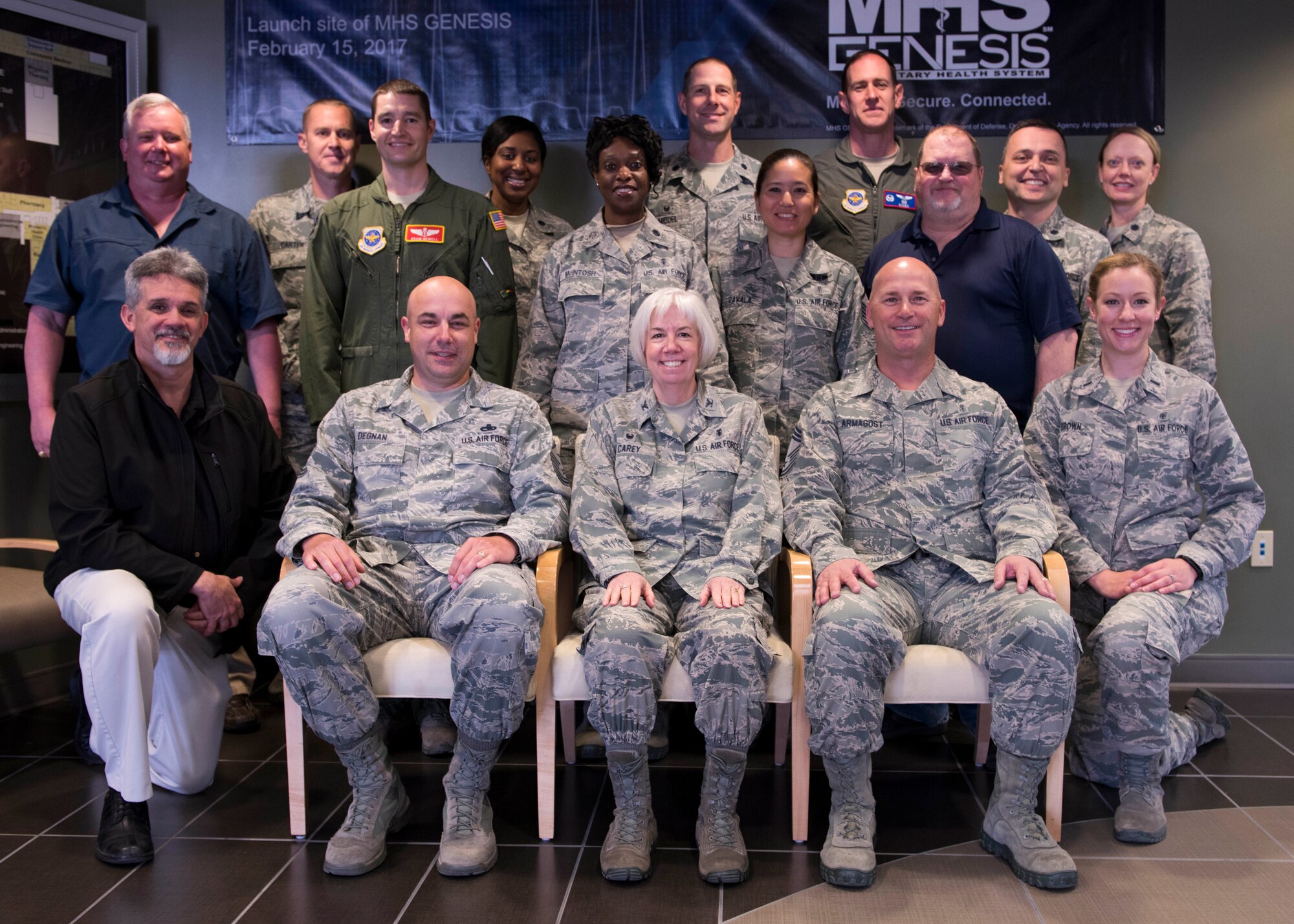 Col. Meg Carey (center), 92nd Medical Group commander, poses for a group photo with the MDG command staff and unit leaders May 17, 2017, at Fairchild Air Force Base, Washington. Col. Carey commands a group, supported by 3 squadrons, delivering patient-centered healthcare services in support of over 38,000 beneficiaries. 
(U.S. Air Force Photo / Airman 1st Class Ryan Lackey)