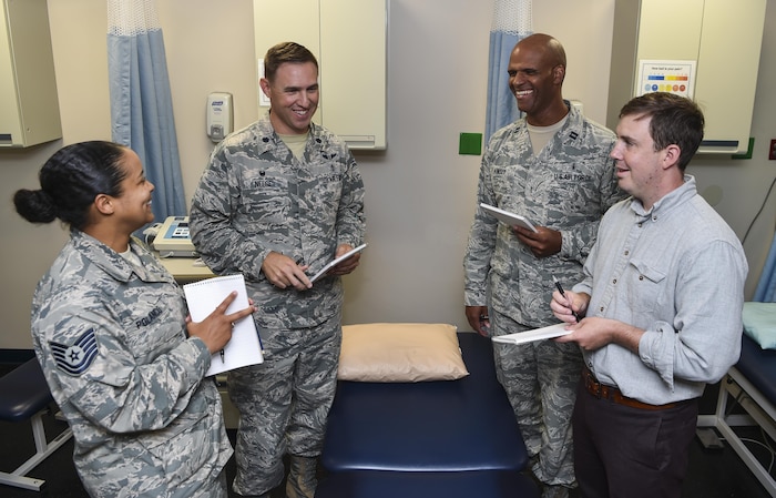 Lt. Col. Brian Neese, 628th Medical Operations Squadron commander, talks with other members of the 628th MDOS at Joint Base Charleston, S.C., June 8, 2017. Neese won the Federal Health Care Executive Special Achievement Award which recognizes him and his unit for exceeding Air Force standards.