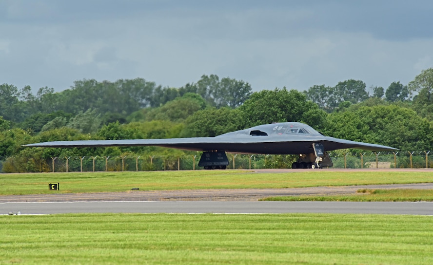 A B-2 Spirit deployed from Whiteman Air Force Base, Mo., taxis the runway at RAF Fairford, U.K., June 9, 2017. Strategic bomber missions enhance the readiness and training necessary to respond to any potential crisis or challenge across the globe. (U.S. Air Force photo by Tech. Sgt. Miguel Lara III)