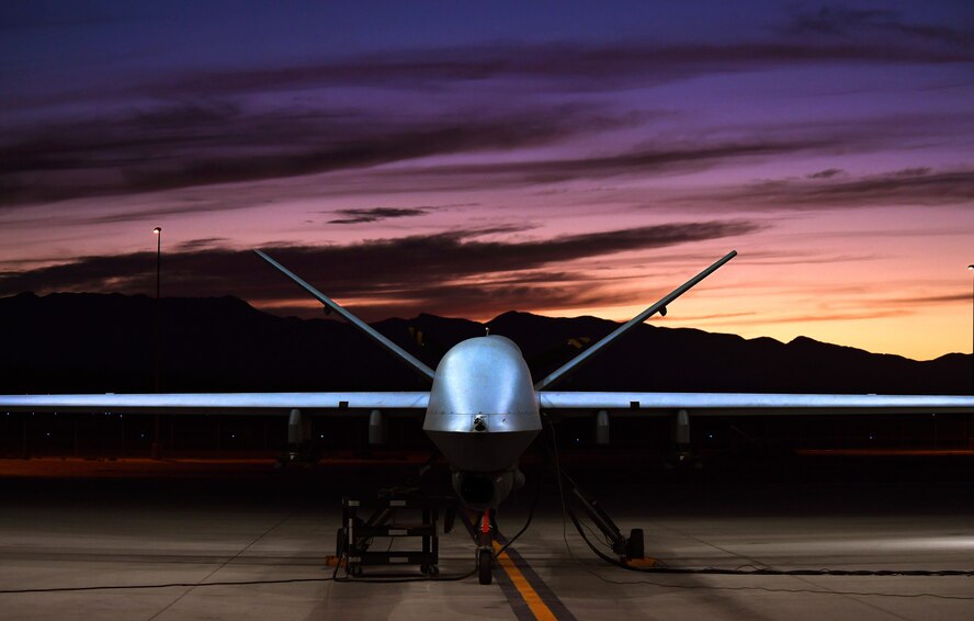 An MQ-9 Reaper sits on the flight line Nov. 16, 2016, at Creech Air Force Base, Nev. The MQ-9 provides persistent attack and reconnaissance capabilities for combatant commanders and coalition forces involved in 24/7/365 combat operations abroad. (U.S. Air Force photo/Airman 1st Class James Thompson)  