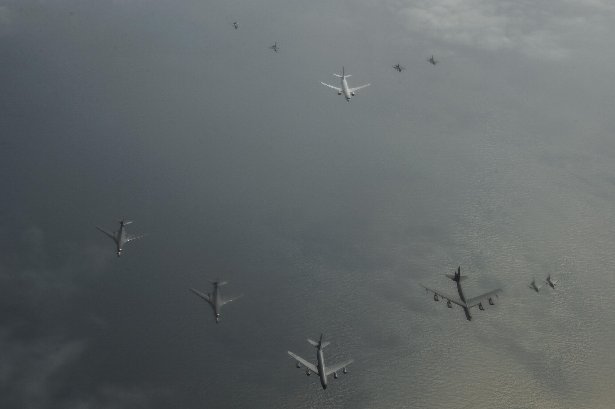 A U.S. Air Force KC-135R Stratotanker, 756th Air Refueling Squadron, leads the formation of Two USAF B-1B Lancers, 28th Bomb Wing, one USAF B-52H, 2nd Bomb Wing, two German air force Eurofighter Typhoons, Two Polish air force F-16 Fighting Falcons, U.S. Navy Boeing P-8 Poseidon and two USAF F-16 Fighting Falcons, 510th Fighter Squadron, while participating in BALTOPS over the Baltic Sea, June 9, 2017. The exercise is designed to enhance flexibility and interoperability, to strengthen combined response capabilities, as well as demonstrate resolve among Allied and Partner Nations' forces to ensure stability in, and if necessary defend, the Baltic Sea region. (U.S. Air Force photo by Staff Sgt. Jonathan Snyder)