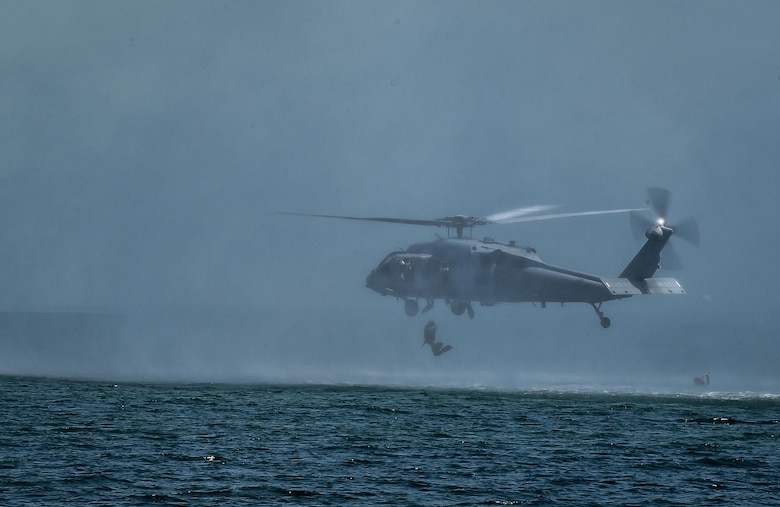 Marine Special Operations School Individual Training Course students helocast from a U.S. Navy SH-60 Seahawk Helicopter, March 23, 2017, at Key West, Fla. For the first time, U.S. Air Force Special Tactics Airmen spent three months in Marine Special Operations Command’s initial Marine Raider training pipeline, representing efforts to build joint mindsets across special operations forces.  (U.S. Air Force photo by Senior Airman Ryan Conroy)