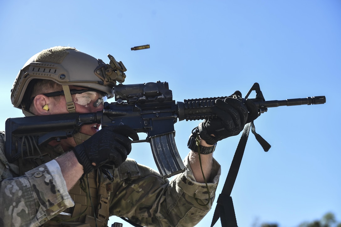 A U.S. Air Force Special Tactics officer with the 24th Special Operations Wing fires an M4 Assault Rifle during Marine Special Operations School’s Individual Training Course, April 11, 2017, at Camp Lejeune, N.C. For the first time, U.S. Air Force Special Tactics Airmen spent three months in Marine Special Operations Command’s initial Marine Raider training pipeline, representing efforts to build joint mindsets across special operations forces.  (U.S. Air Force photo by Senior Airman Ryan Conroy)