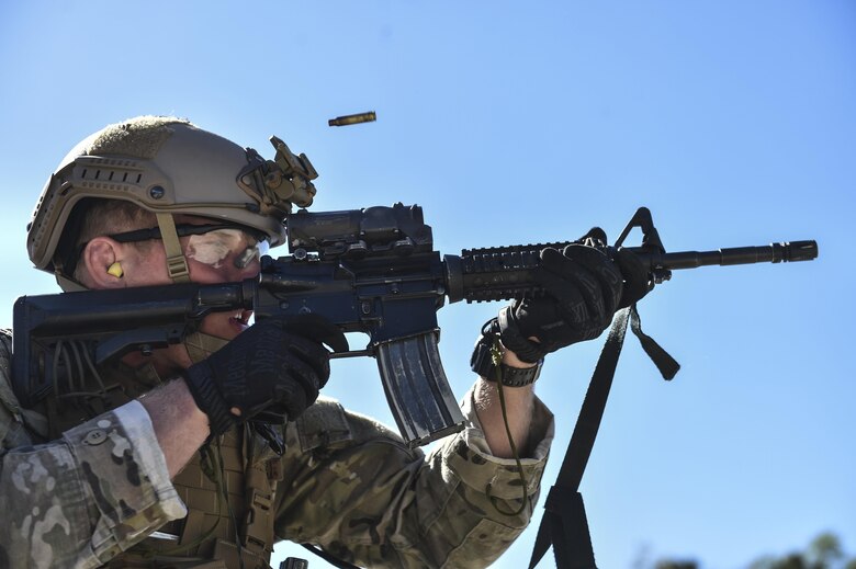A U.S. Air Force Special Tactics officer with the 24th Special Operations Wing fires an M4 Assault Rifle during Marine Special Operations School’s Individual Training Course, April 11, 2017, at Camp Lejeune, N.C. For the first time, U.S. Air Force Special Tactics Airmen spent three months in Marine Special Operations Command’s initial Marine Raider training pipeline, representing efforts to build joint mindsets across special operations forces.  (U.S. Air Force photo by Senior Airman Ryan Conroy)