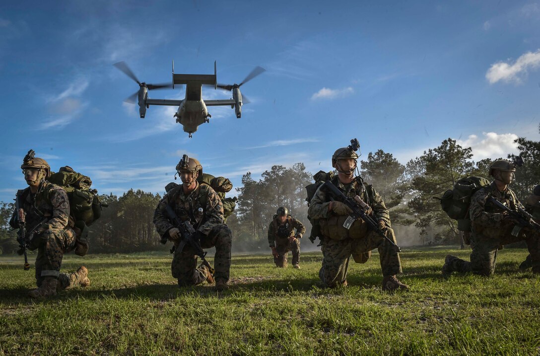 A U.S. Marine MV-22 Osprey takes off after Marine Special Operations School students infiltrate their objective during Field Training Exercise Raider Spirit, May 1, 2017, at Camp Lejeune, N.C. For the first time, U.S. Air Force Special Tactics Airmen spent three months in Marine Special Operations Command’s initial Marine Raider training pipeline, representing efforts to build joint mindsets across special operations forces.  (U.S. Air Force photo by Senior Airman Ryan Conroy)