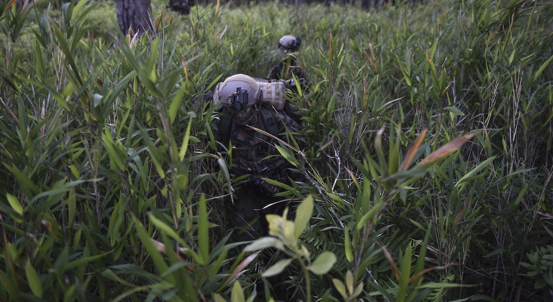 Marine Special Operations School Individual Training Course students ruck through thick vegetation during Field Training Exercise Raider Spirit, May 1, 2017, at Camp Lejeune, N.C. For the first time, U.S. Air Force Special Tactics Airmen spent three months in Marine Special Operations Command’s initial Marine Raider training pipeline, representing efforts to build joint mindsets across special operations forces.  (U.S. Air Force photo by Senior Airman Ryan Conroy)