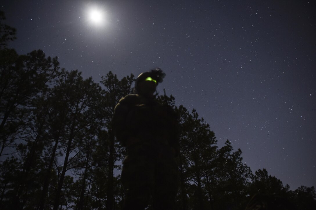 A Marine Special Operations School student maintains security during Field Training Exercise Raider Spirit, May 2, 2017, at Camp Lejeune, N.C. For the first time, U.S. Air Force Special Tactics Airmen spent three months in Marine Special Operations Command’s initial Marine Raider training pipeline, representing efforts to build joint mindsets across special operations forces.  (U.S. Air Force photo by Senior Airman Ryan Conroy)