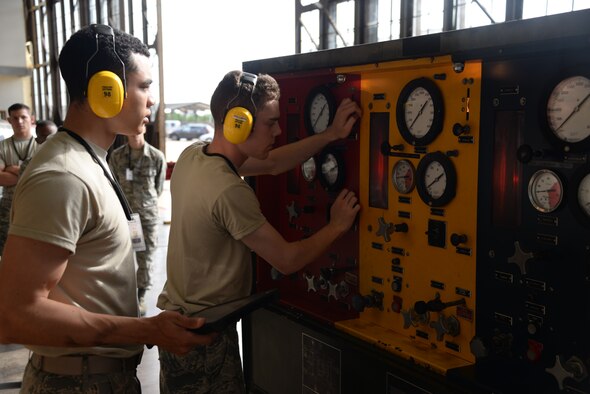 Airman 1st Class Ndirangu Njambi and Airman Weston Milan, 364th Training Squadron hydraulic systems apprentice students, operate a portable hydraulic test stand provider at Sheppard Air Force Base, Texas. This provides external hydraulic power to the aircraft, allowing hydraulic systems to operate without running the engines. (U.S. Air Force photo by Senior Airman Robert L. McIlrath)