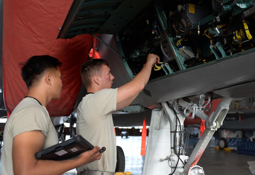 Airmen Edzel Gaytano and Cody Jernberg, 364th Training Squadron electrical and environmental systems apprentice course students, change out a transformer rectifier on an F-15 Eagle at Sheppard Air Force Base, Texas. The rectifier converts 115 volts of alternate current down to 28 volts of direct current. This device is critical in operating relays or transferring power form one source to another. (U.S. Air Force photo by Senior Airman Robert L. McIlrath)