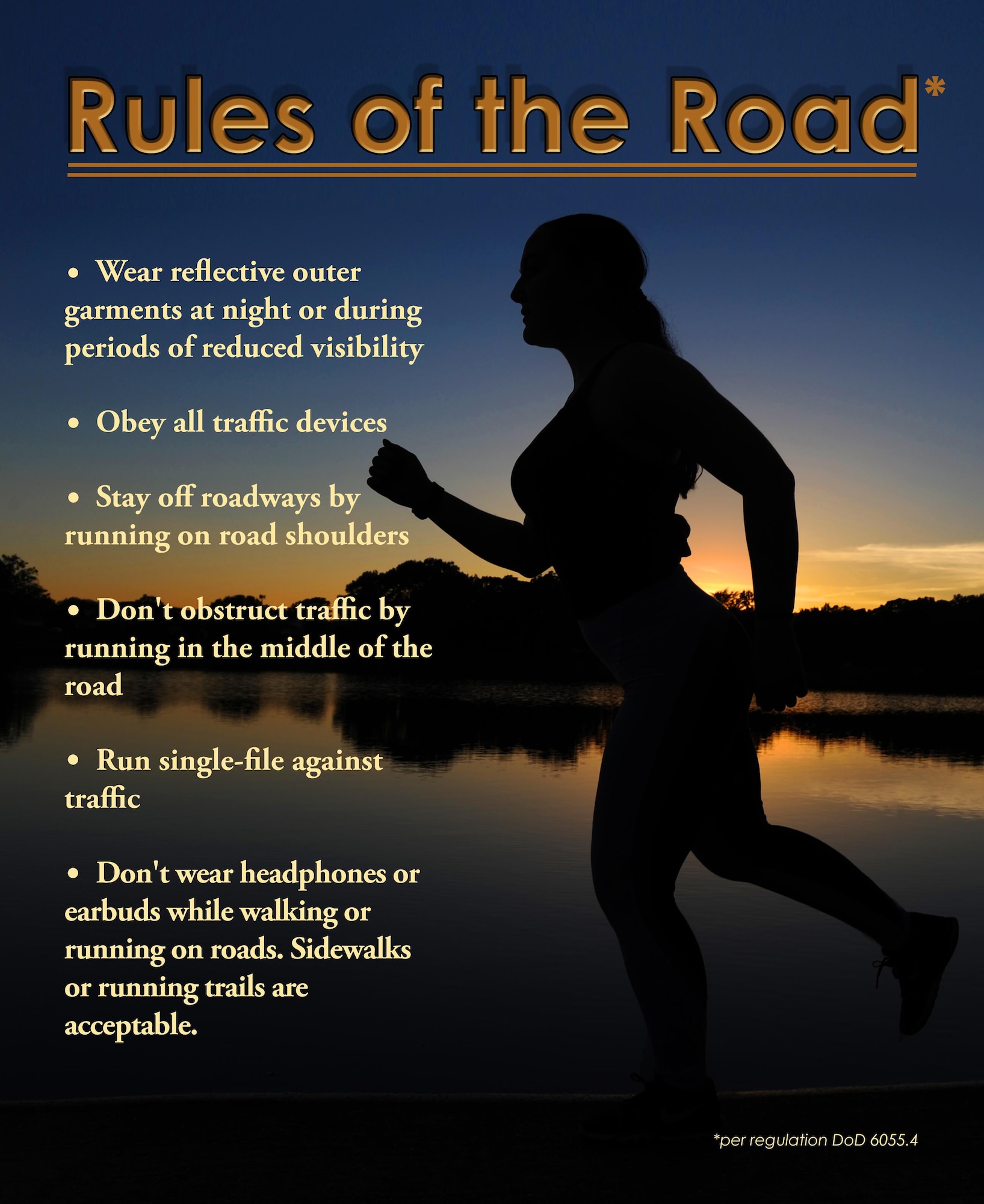 An Airman takes an evening run June 7, 2017, at Little Rock Air Force Base, Ark. Hazards on the road add to the danger of running near vehicles, such as uneven ground and road edges; staying alert is fundamental to preventing possible incidents. (U.S. Air Force graphic by Airman 1st Class Grace Nichols)