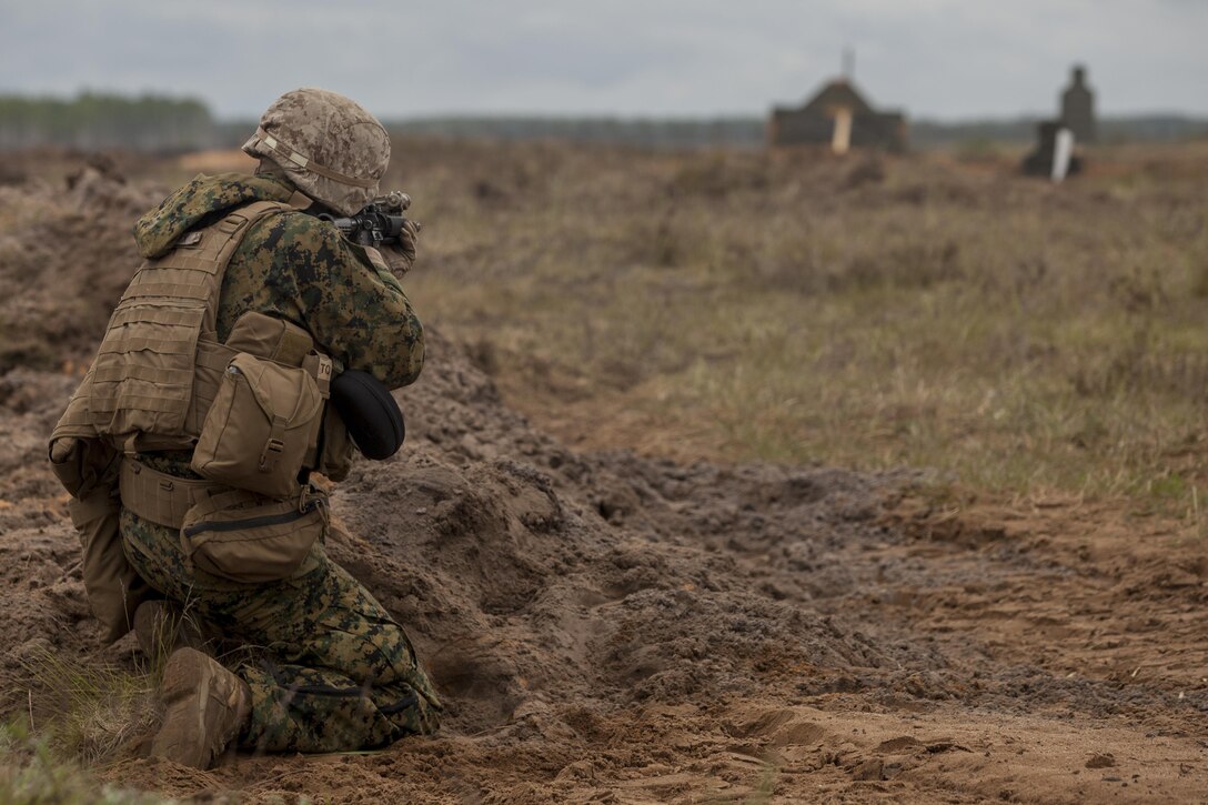 ADAZI, Latvia - Marines with Charlie Company, 4th Light Armored Reconnaissance Battalion, 4th Marine Division, Marine Forces Reserve, conduct live fire movement to contact drills during Exercise Saber Strike 17 in the Adazi Training Area, Latvia, June 5, 2017. Exercise Saber Strike 17 is an annual combined-joint exercise conducted at various locations throughout the Baltic region and Poland. The combined training exercise keeps Reserve Marines ready to respond in times of crisis by providing them with unique training opportunities outside the continental United States. (U.S. Marine Corps photo by Lance Cpl. Ricardo Davila/Released)
