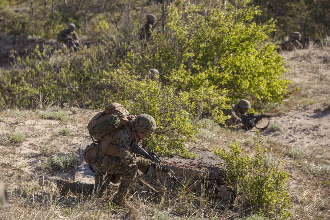 VENTSPILS, Latvia - Marines with Bravo Company, 1st Battalion, 23rd Marine Regiment, 4th Marine Division, Marine Forces Reserve and 4th Air Naval Gunfire Liaison Company, Force Headquarters Group, Marine Forces Reserve, execute a amphibious assault training exercise in Ventspils, Latvia, during Exercise Saber Strike 17, June 6, 2017. The beach landings took place concurrently between exercise Saber Strike and Baltic Operations. Exercise Saber Strike 17 is an annual combined-joint exercise conducted at various locations throughout the Baltic region and Poland. The combined training prepares NATO Allies and partners to effectively respond to regional crises and to meet their own security needs by strengthening their borders and countering threats. (U.S. Marine Corps photo by Lance Cpl. Ricardo Davila/Released)