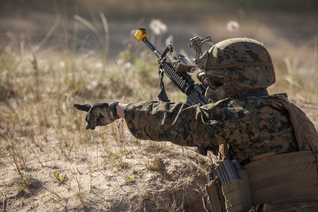 VENTSPILS, Latvia - Marines with Bravo Company, 1st Battalion, 23rd Marine Regiment, 4th Marine Division, Marine Forces Reserve and 4th Air Naval Gunfire Liaison Company, Force Headquarters Group, Marine Forces Reserve, execute a amphibious assault training exercise in Ventspils, Latvia, during Exercise Saber Strike 17, June 6, 2017. Exercise Saber Strike 17 is an annual combined-joint exercise conducted at various locations throughout the Baltic region and Poland. The combined training prepares NATO Allies and partners to effectively respond to regional crises and to meet their own security needs by strengthening their borders and countering threats. (U.S. Marine Corps photo by Lance Cpl. Ricardo Davila/Released)